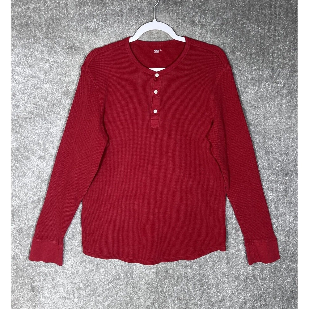 Gap Long Sleeve Waffle Knit Henley Shirt Mens‎ Size XL Red Cotton
